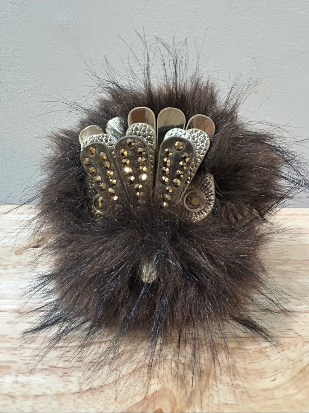 Kurt Geiger Brown Furry Pom-Pom Keychain with Gold-Tone Crystal Accents - Picture 10 of 12